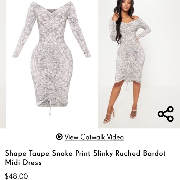 shape taupe snake print slinky ruched bardot midi dress